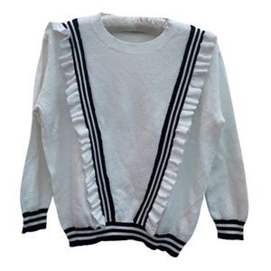 Parisian White Cotton Sweater - Black Ruffle Trim